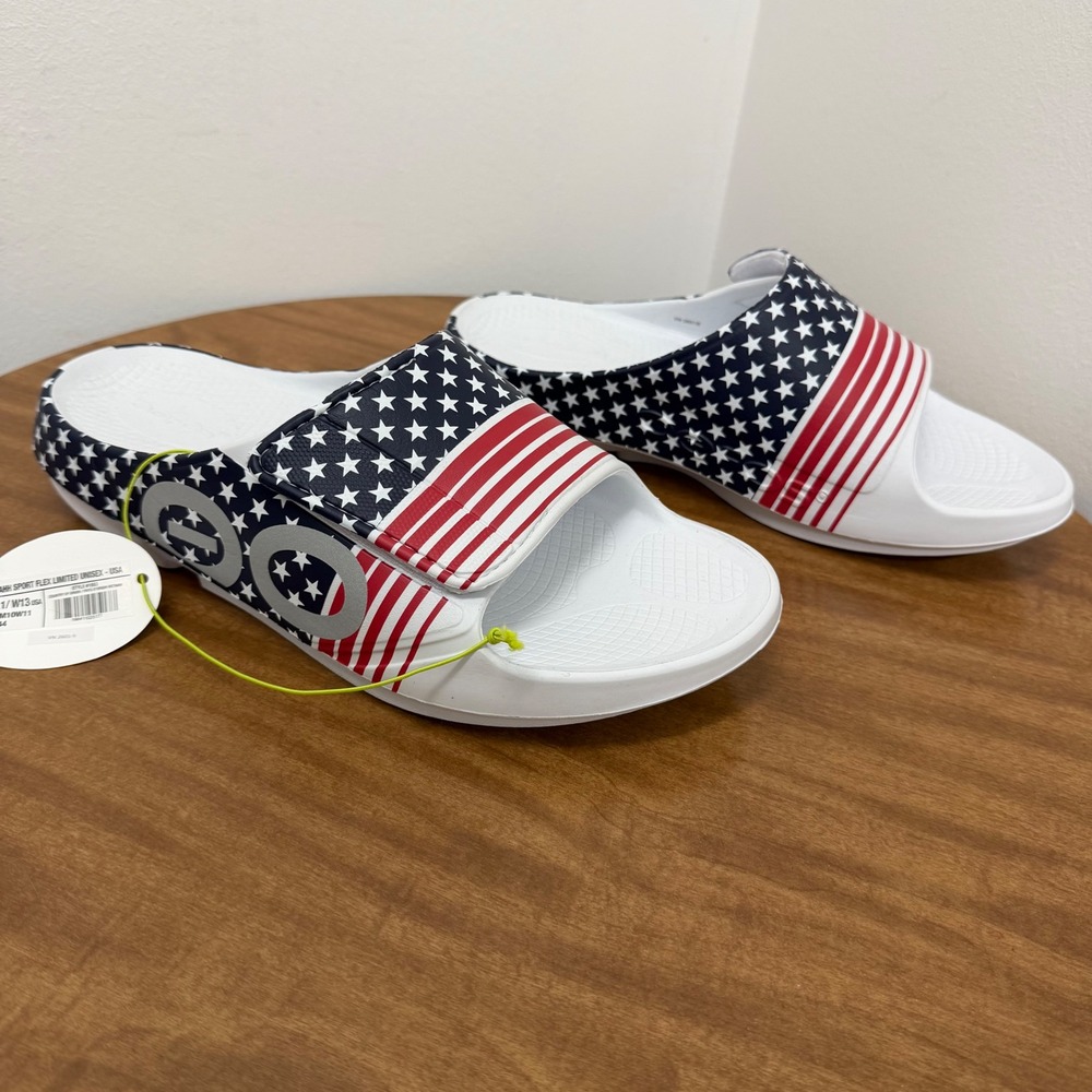 OOFOS OOahh Sport Flex Slides Mens 11 USA Stars Stripes Patriotic Adjustable